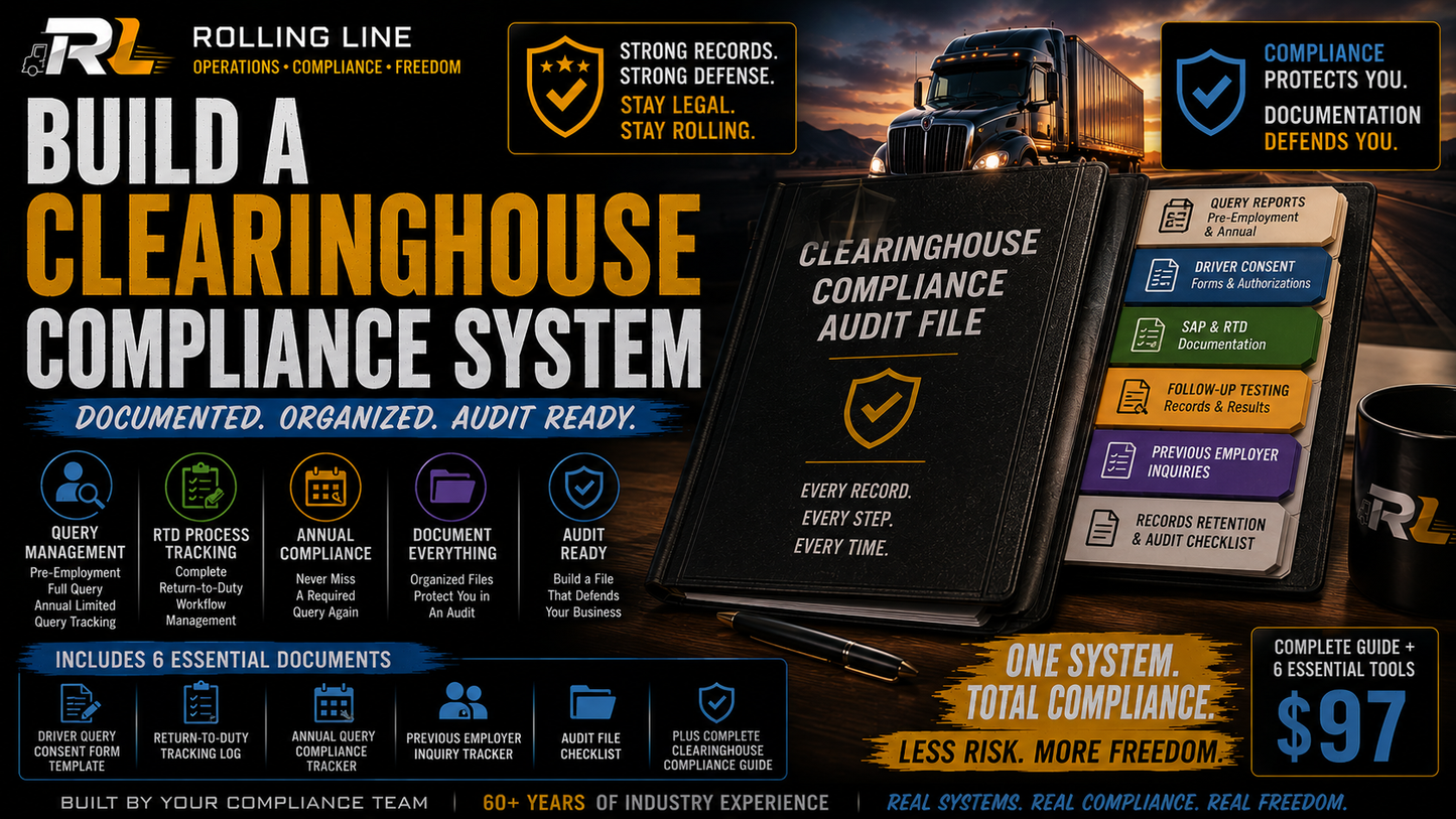 Advertisement for Rolling Line Clearinghouse Compliance System with text and icons on a dark background.