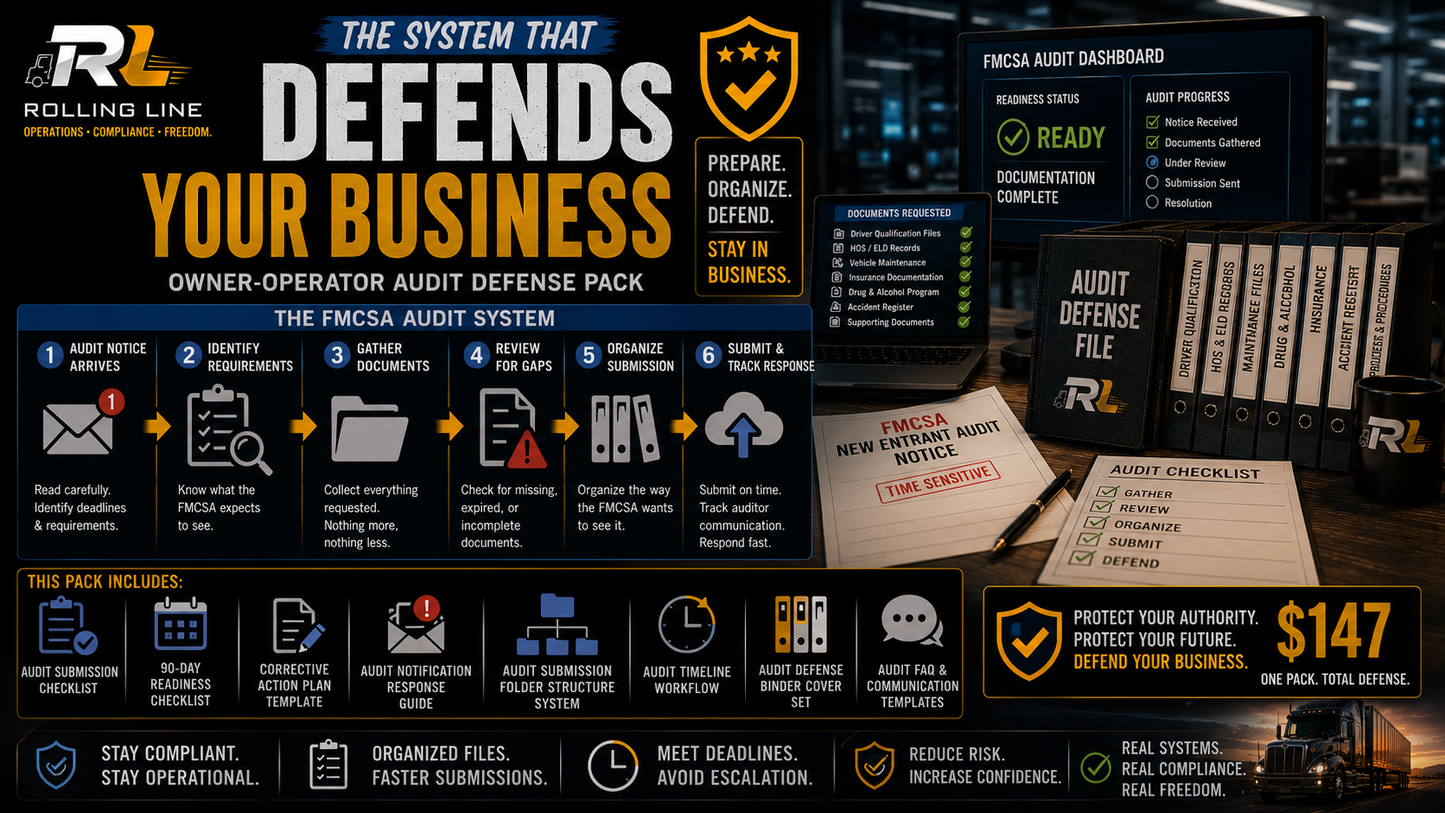 Rolling Line audit defense system packaging with text and icons on a dark background