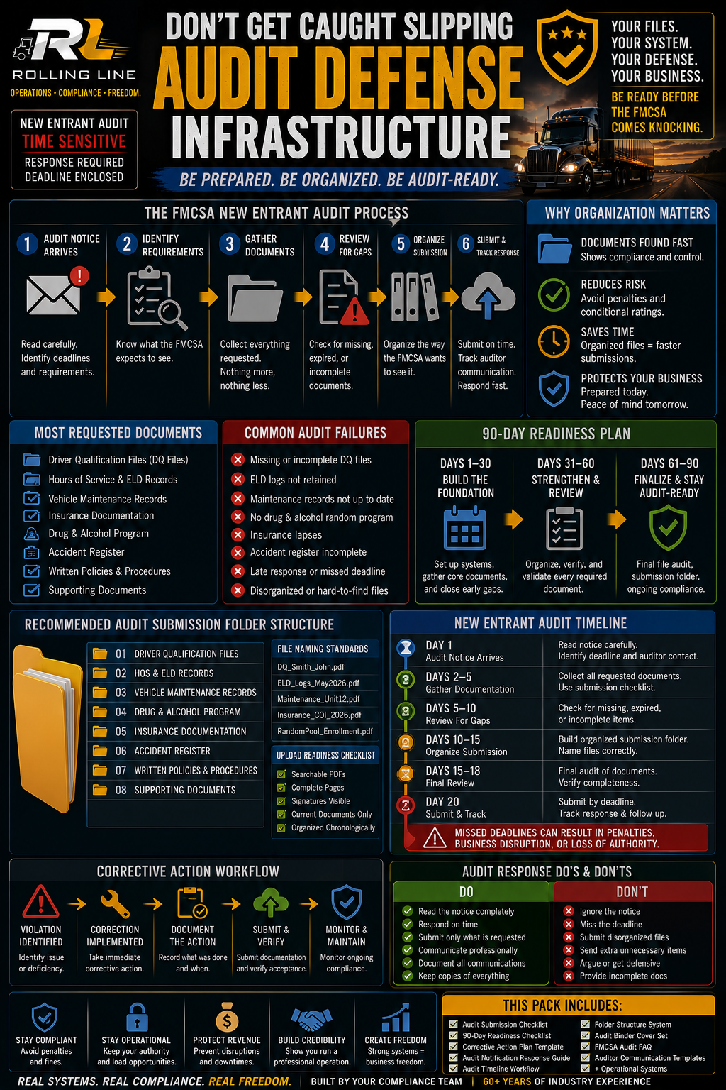 Audit defense infrastructure infographic with text and icons on a dark background