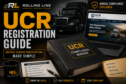 UCR Registration Guide with Rolling Line branding, truck, and computer screen.