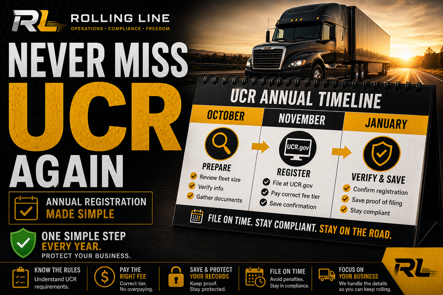 Advertisement for UCR Annual Timeline with a truck on a road at sunset.