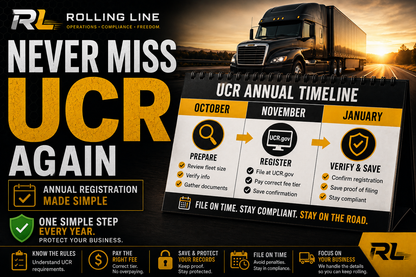 Advertisement for UCR Annual Timeline with a truck on a road at sunset.