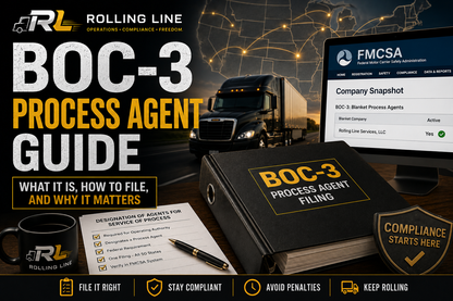 Promotional graphic for BOC-3 Process Agent Guide with truck, coffee mug, and computer screen.