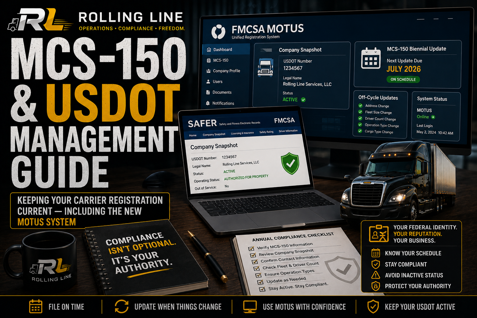 Promotional graphic for Rolling Line MCS-150 & USDOT Management Guide with computer screens and truck.