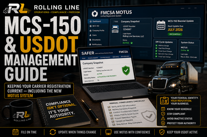 Promotional graphic for Rolling Line MCS-150 & USDOT Management Guide with computer screens and truck.