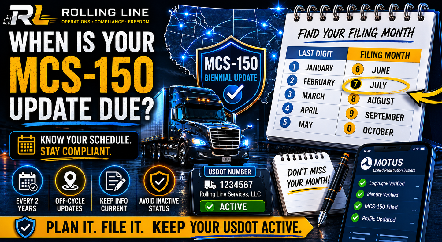 Promotional graphic for Rolling Line's MCS-150 update with truck, calendar, and branding elements.