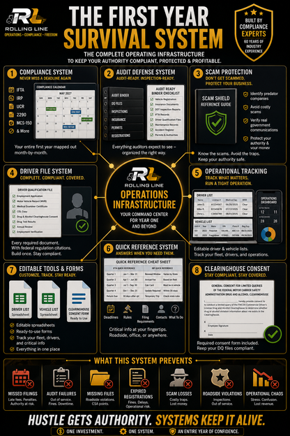 Rolling Line infographic on the 'First Year Survival System' for operating infrastructure.