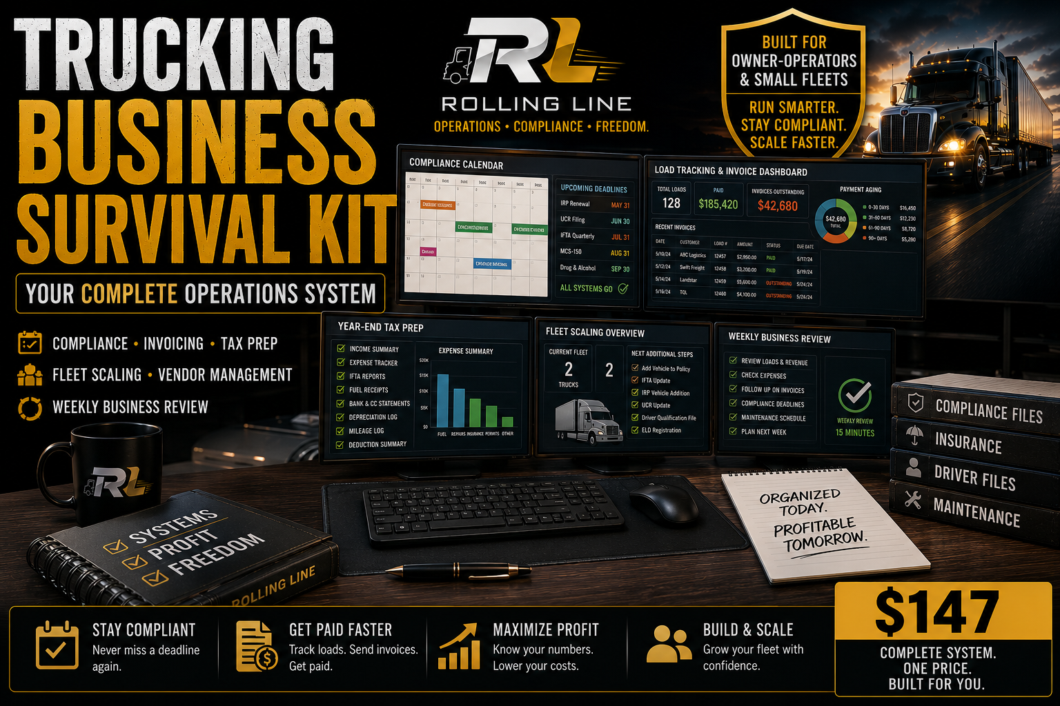 Promotional graphic for Rolling Line's Trucking Business Survival Kit with computer screens and office supplies.