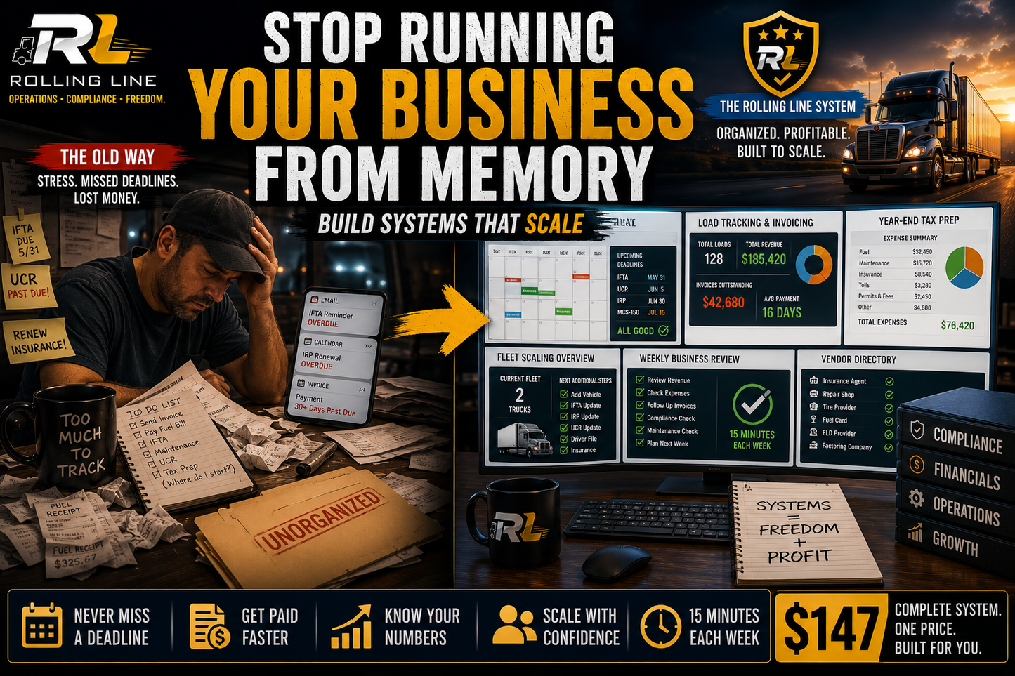 Advertisement for Rolling Line business management system with a man at a desk and computer screens displaying data.