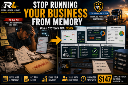 Advertisement for Rolling Line business management system with a man at a desk and computer screens displaying data.
