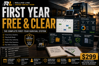 Advertisement for Rolling Line's first-year survival system with a truck and branded materials.