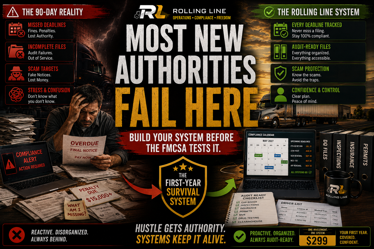 Promotional graphic for a system building solution with text and images of a stressed person at a desk.