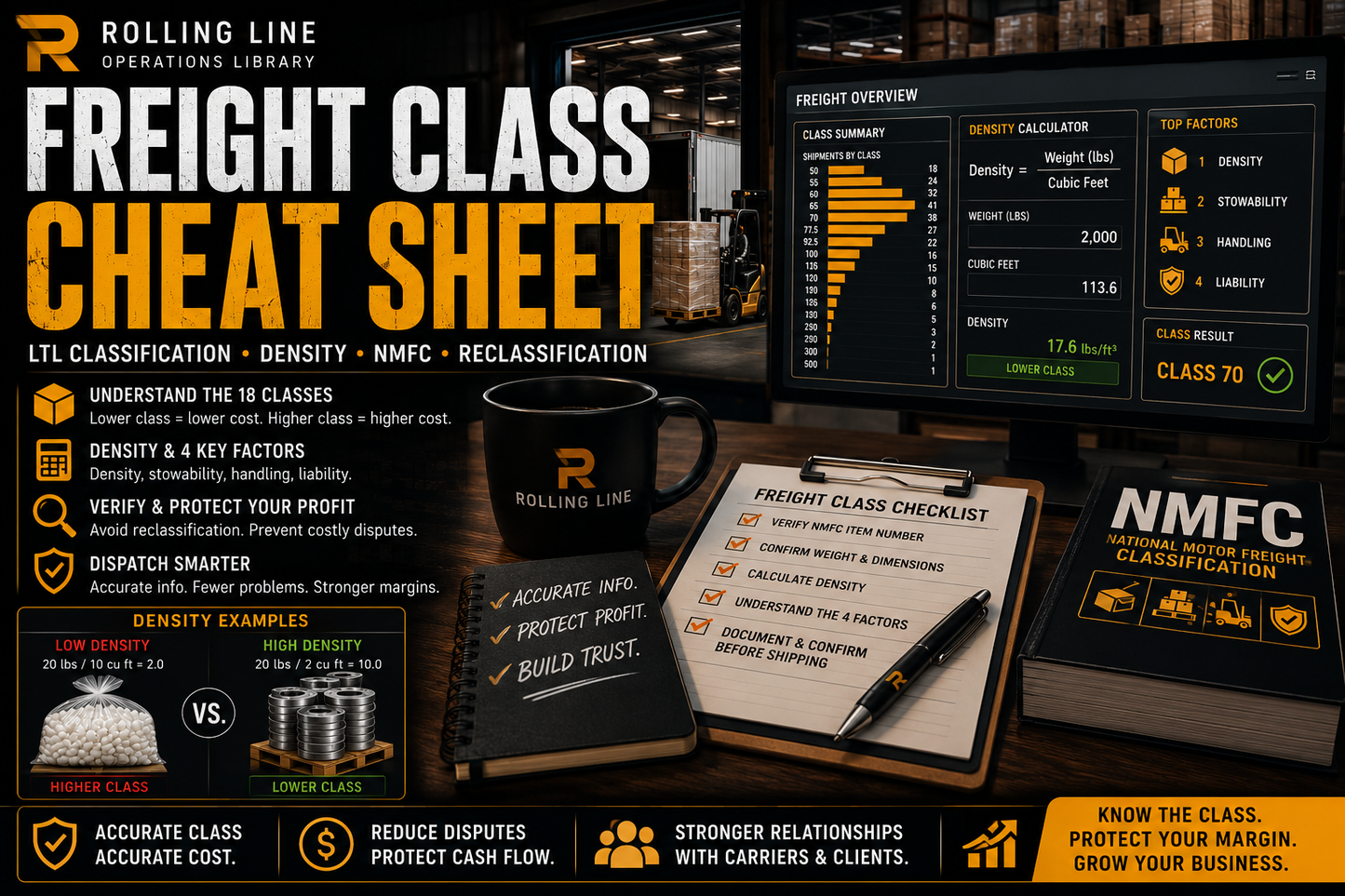 Freight class cheat sheet with a coffee mug and notebook on a desk.