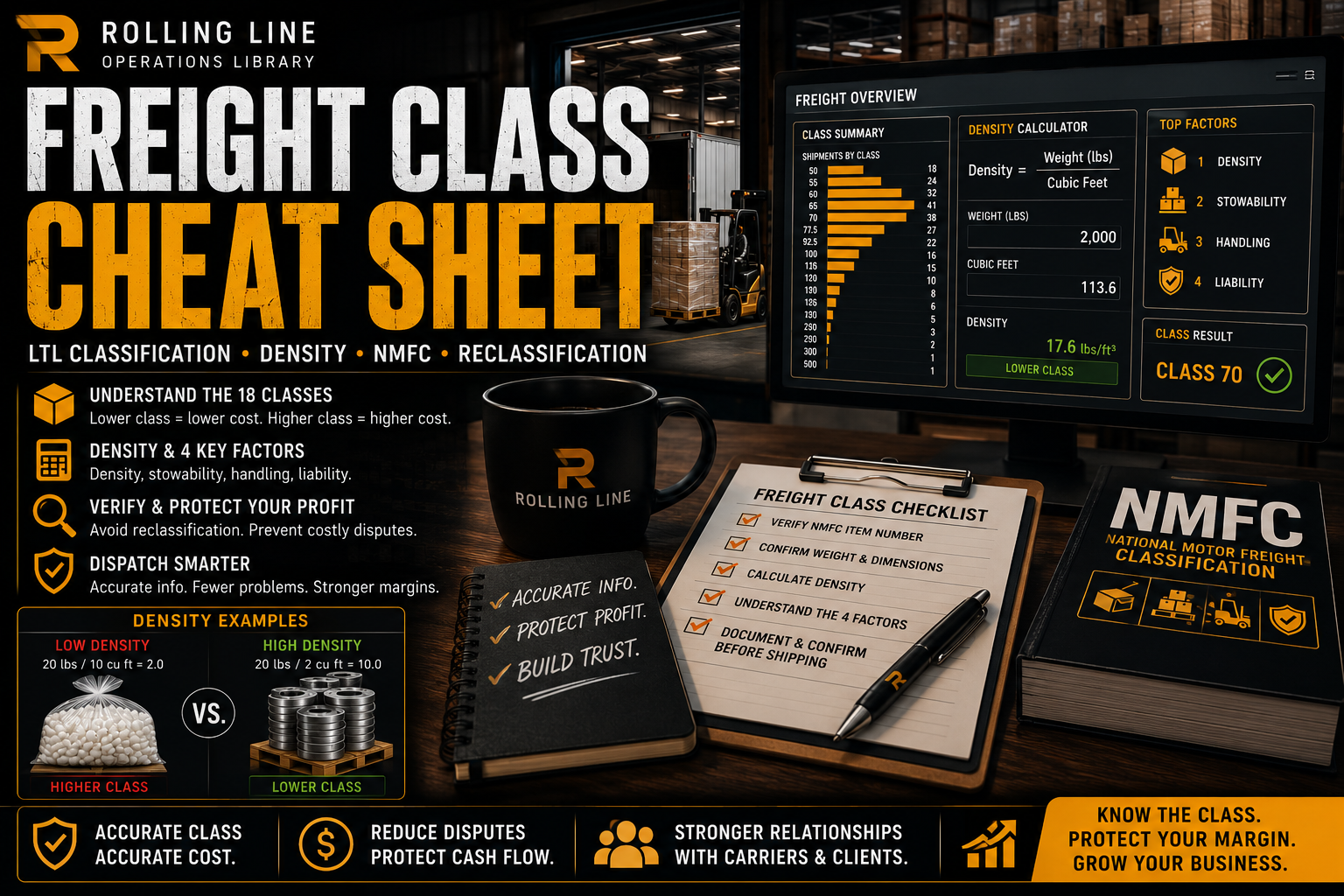 Freight class cheat sheet with a coffee mug and notebook on a desk.