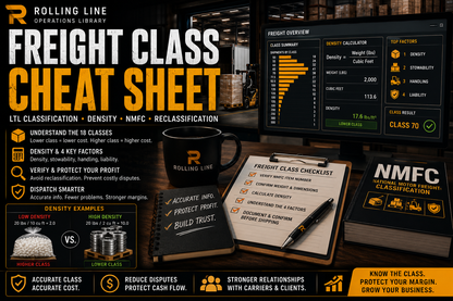 Freight class cheat sheet with a coffee mug and notebook on a desk.