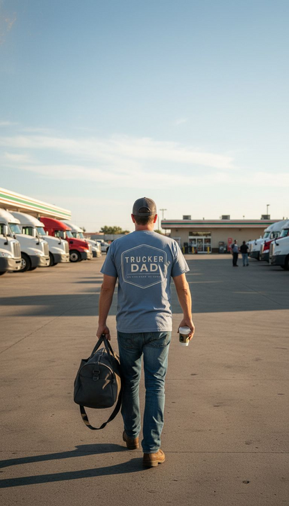 Man walking with a bag and cup in a parking lot with trucks in the background