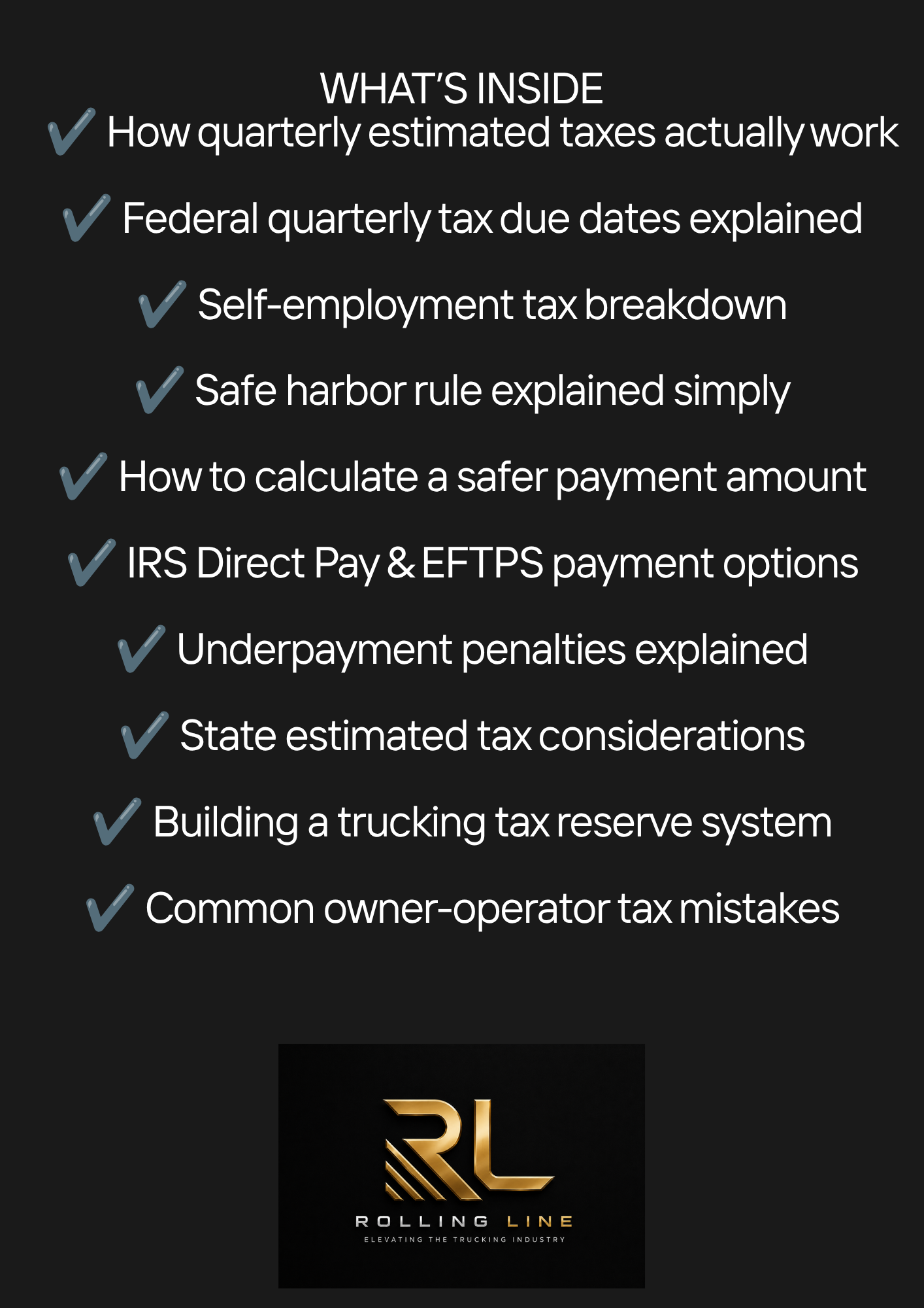 List of tax-related topics with Rolling Line logo on a black background