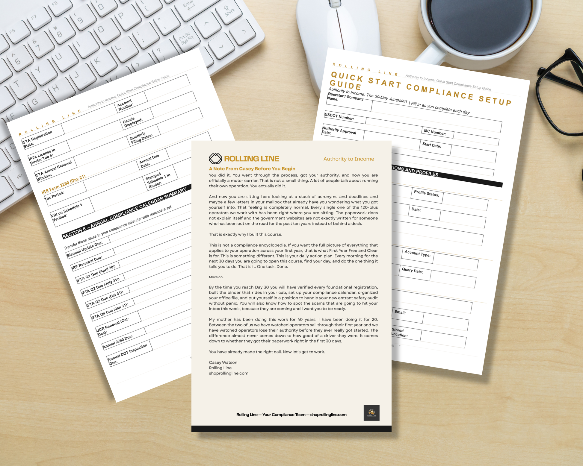 Quick start compliance setup guide on a desk with a keyboard and coffee cup.