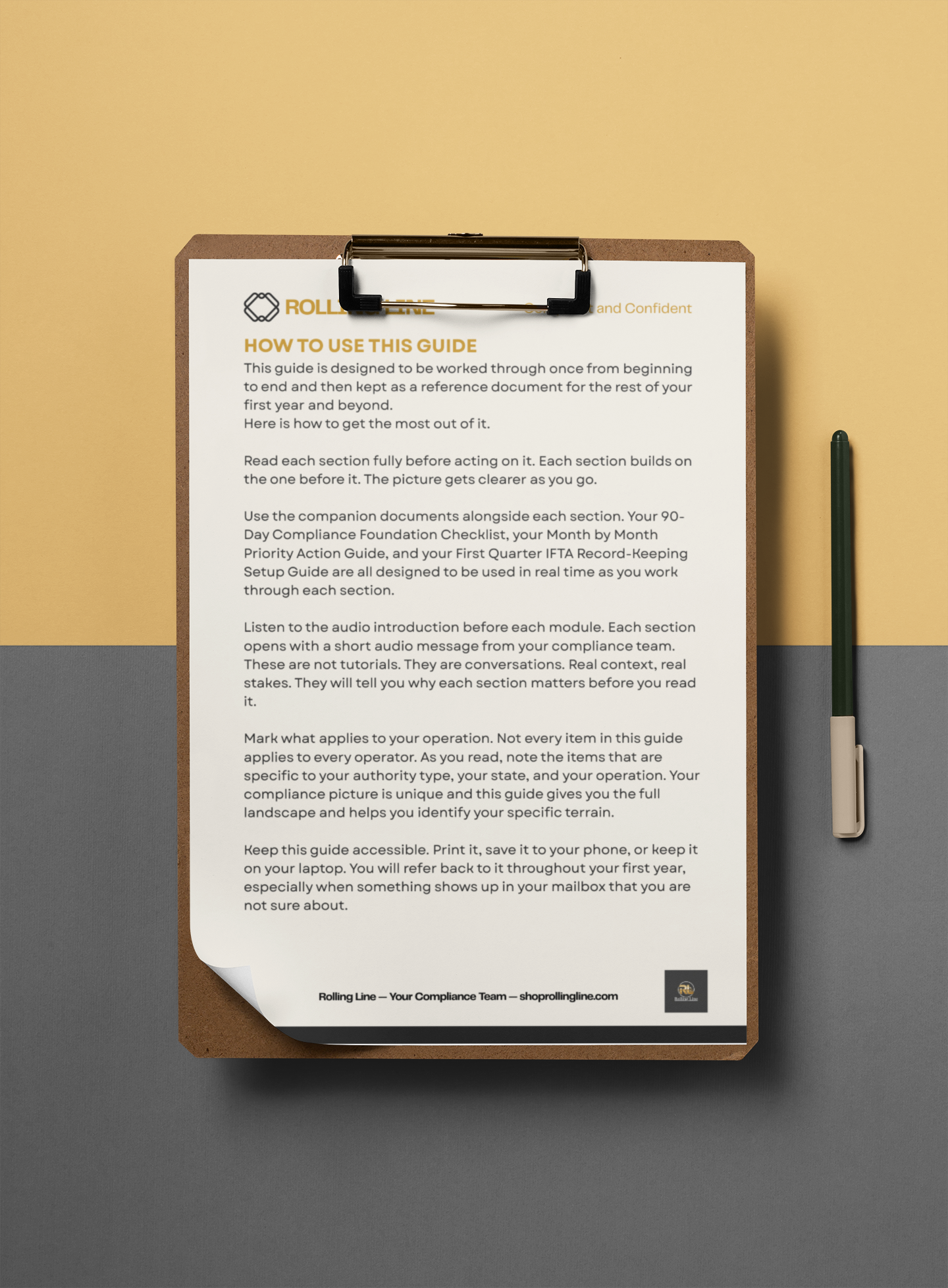 Crisp white guide on a clipboard with a pen on a yellow and gray background