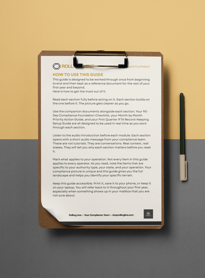 Crisp white guide on a clipboard with a pen on a yellow and gray background