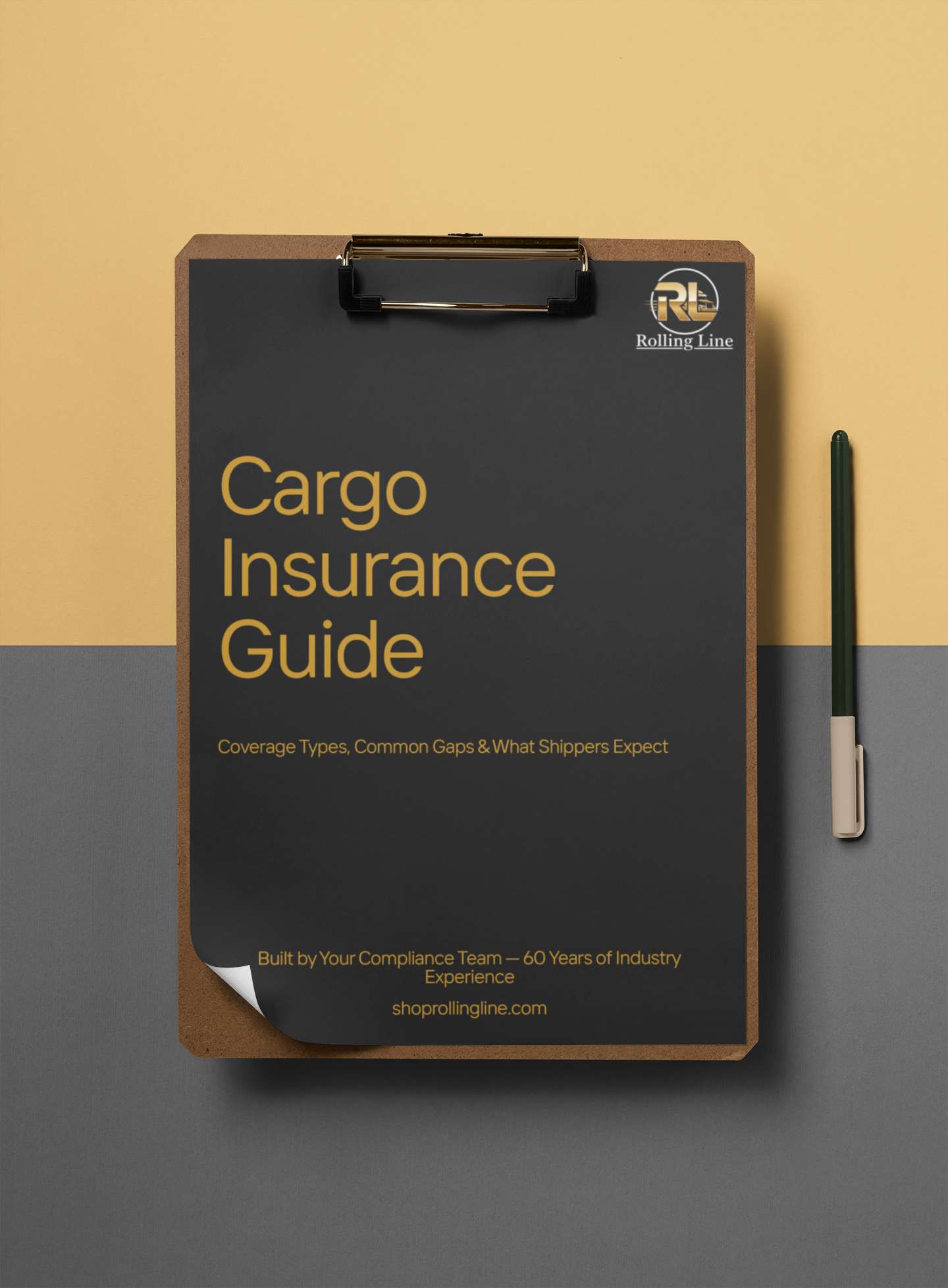 Cargo Insurance Guide on a clipboard with a pen on a two-tone background