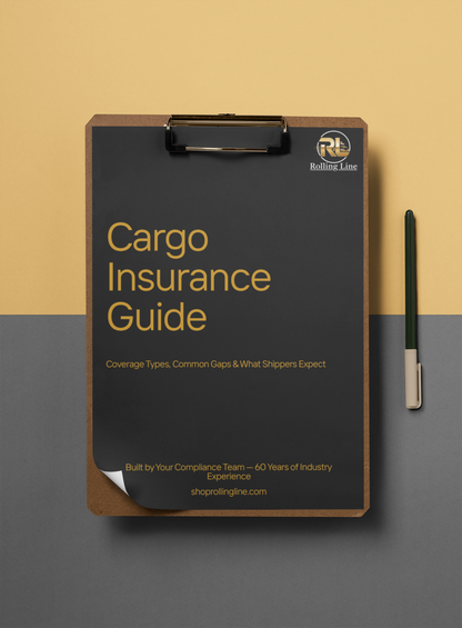 Cargo Insurance Guide on a clipboard with a pen on a two-tone background