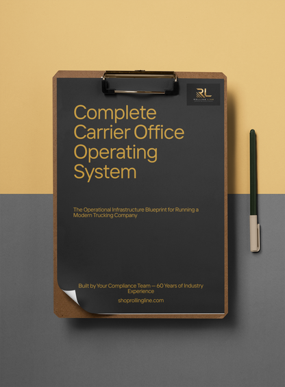 Clipboard with 'Complete Carrier Office Operating System' on a two-tone background