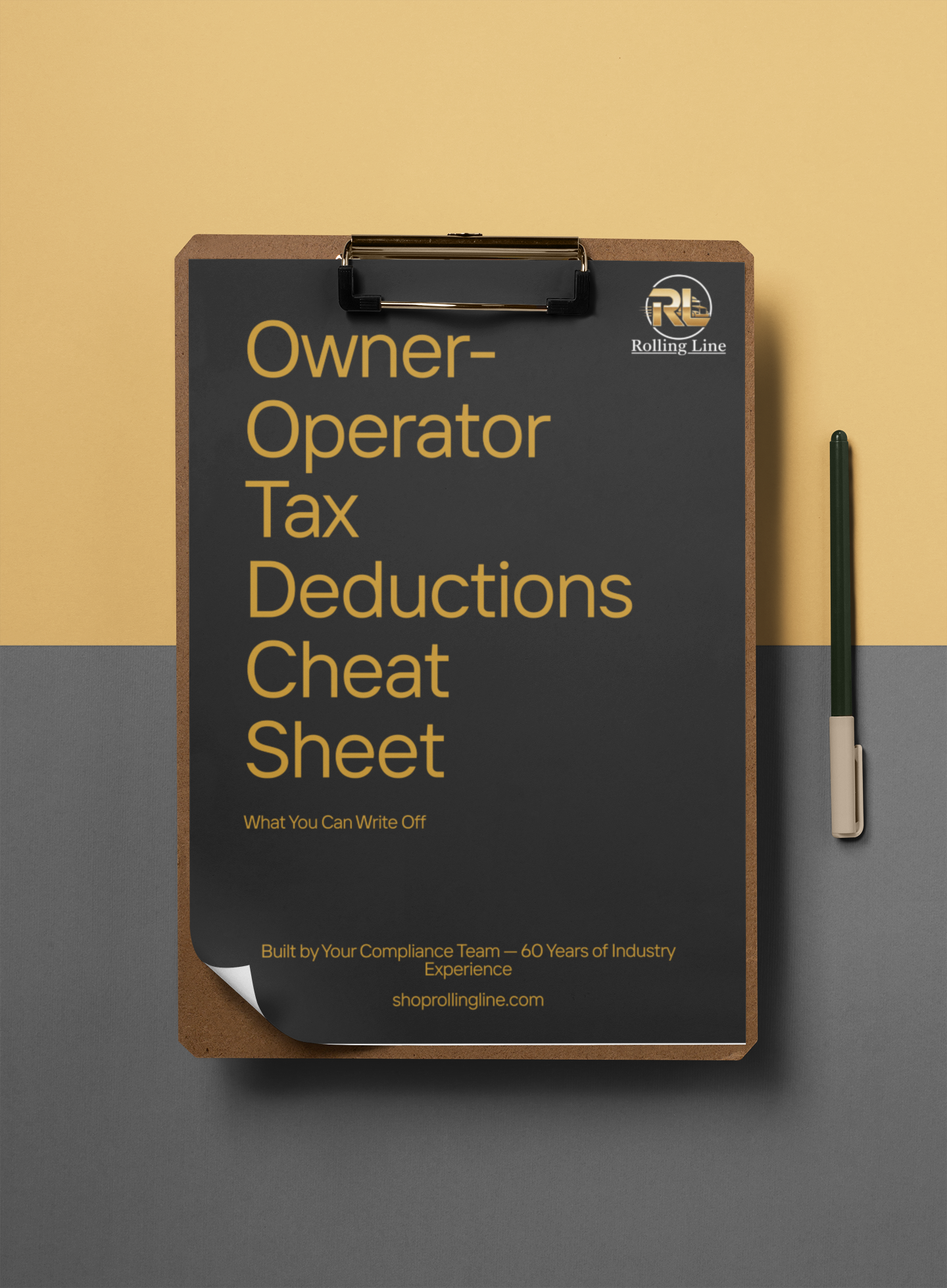 Owner-operator tax deductions cheat sheet on a clipboard with a pen on a two-tone background