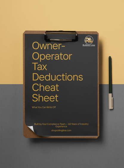 Owner-operator tax deductions cheat sheet on a clipboard with a pen on a two-tone background