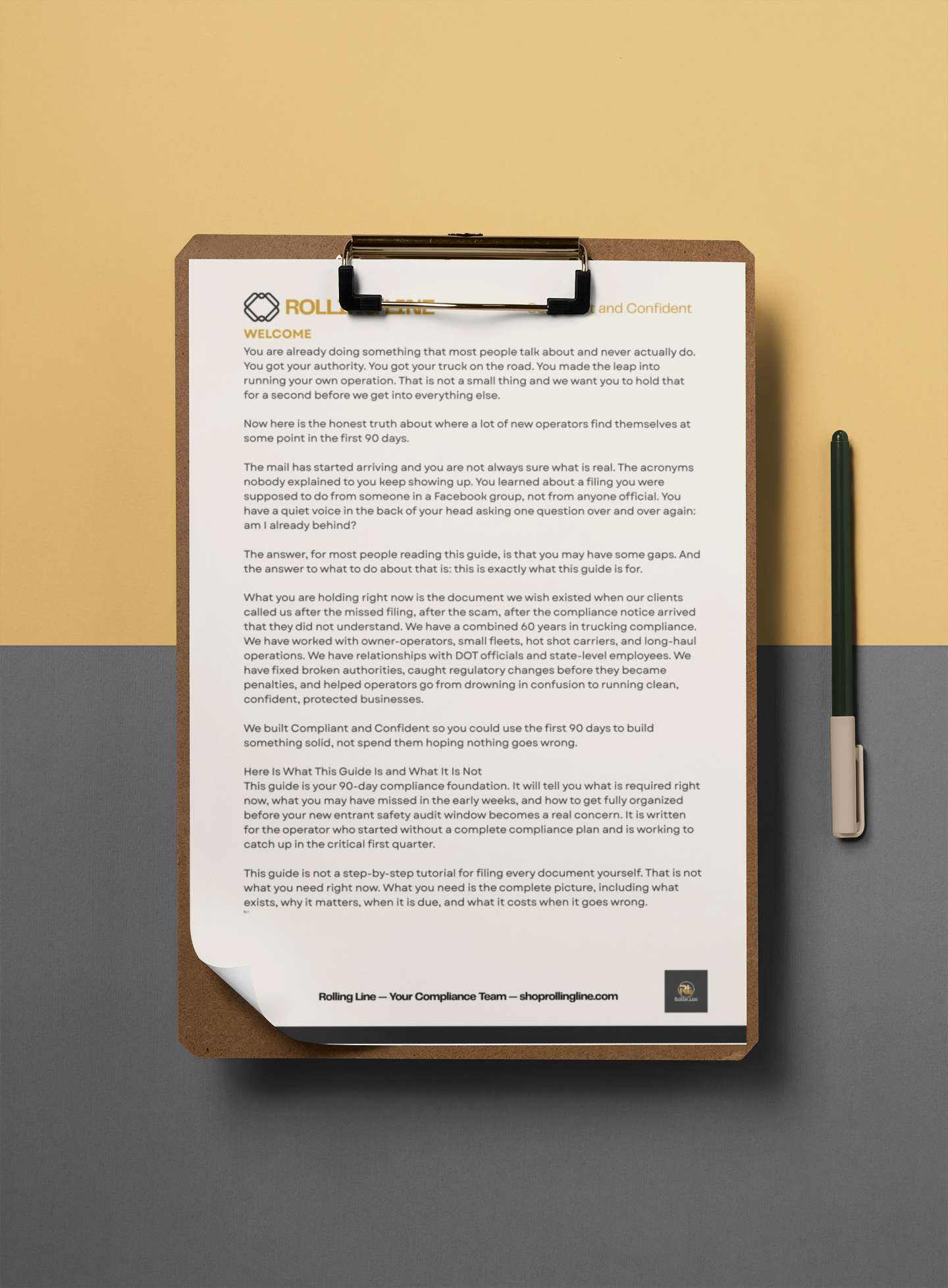Clipboard with a document on a yellow and gray background