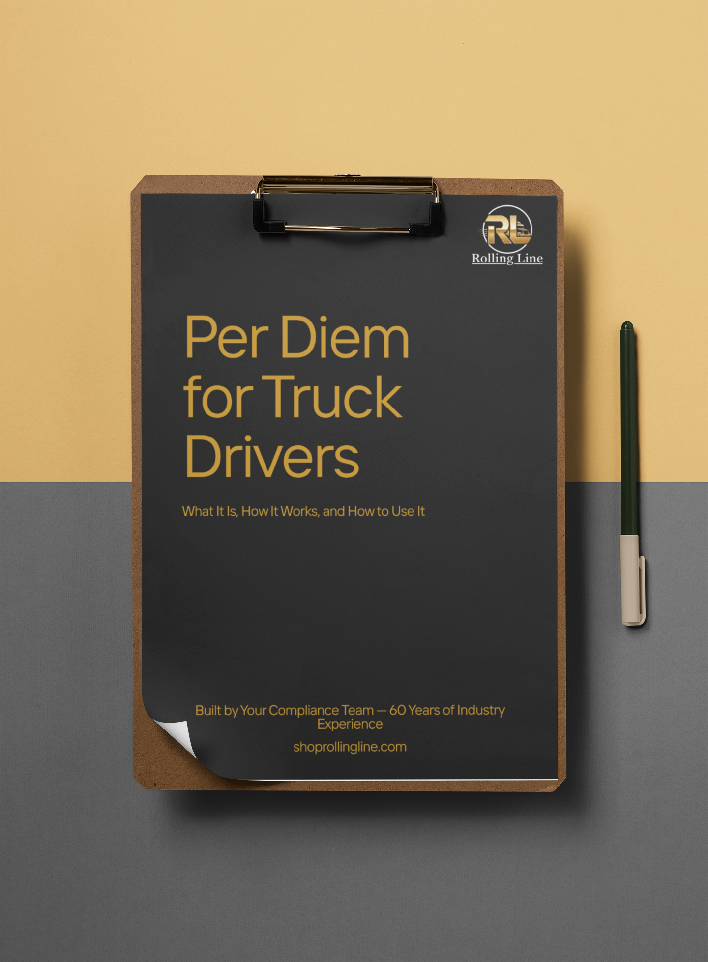 Clipboard with 'Per Diem for Truck Drivers' guide on a two-tone background