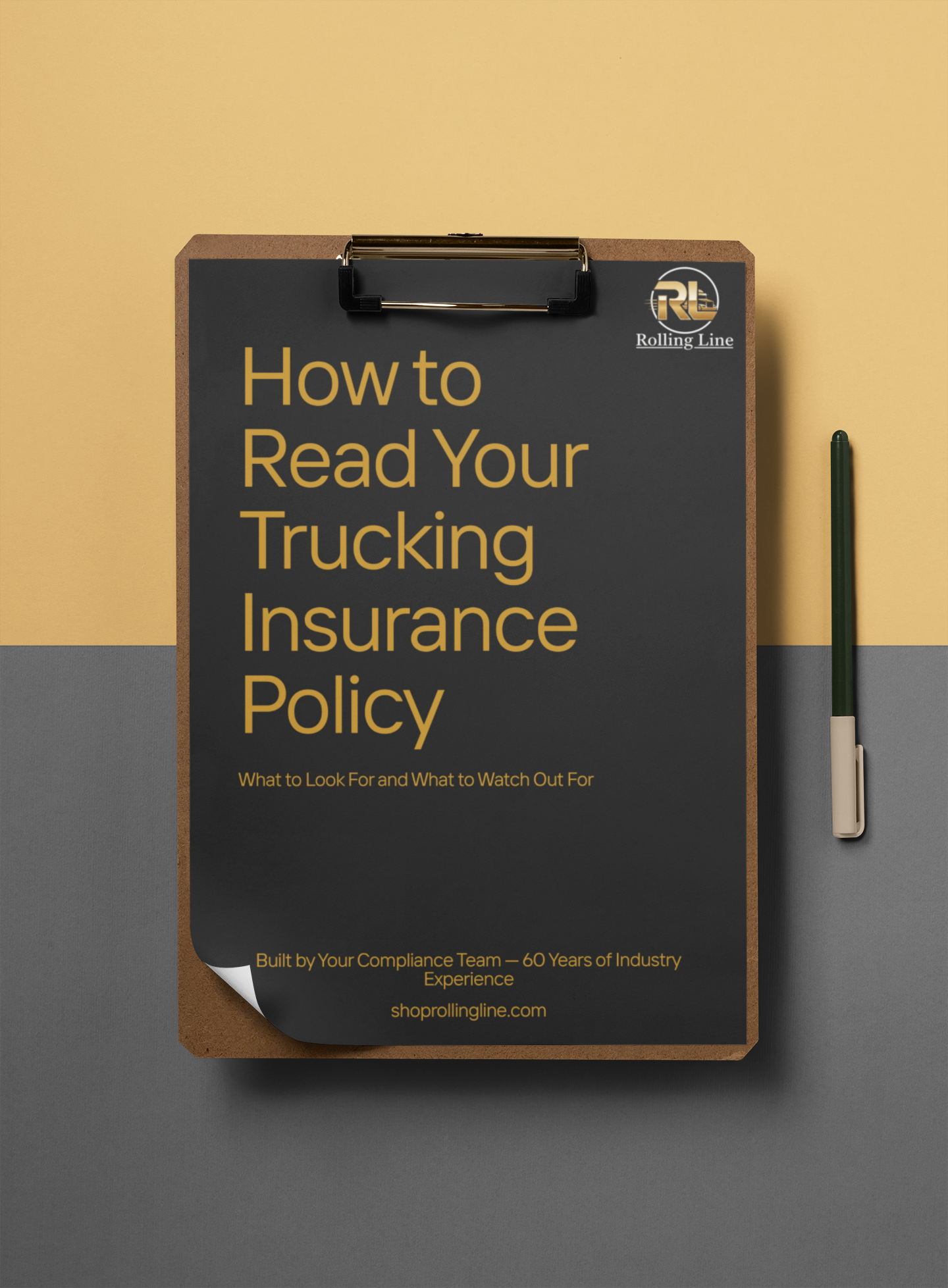 Manual titled 'How to Read Your Trucking Insurance Policy' on a clipboard with a pen, on a two-tone background.