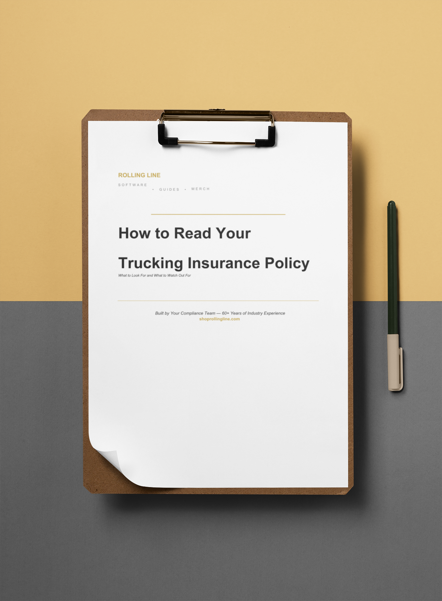 Clipboard with document titled 'How to Read Your Trucking Insurance Policy' on a two-tone background