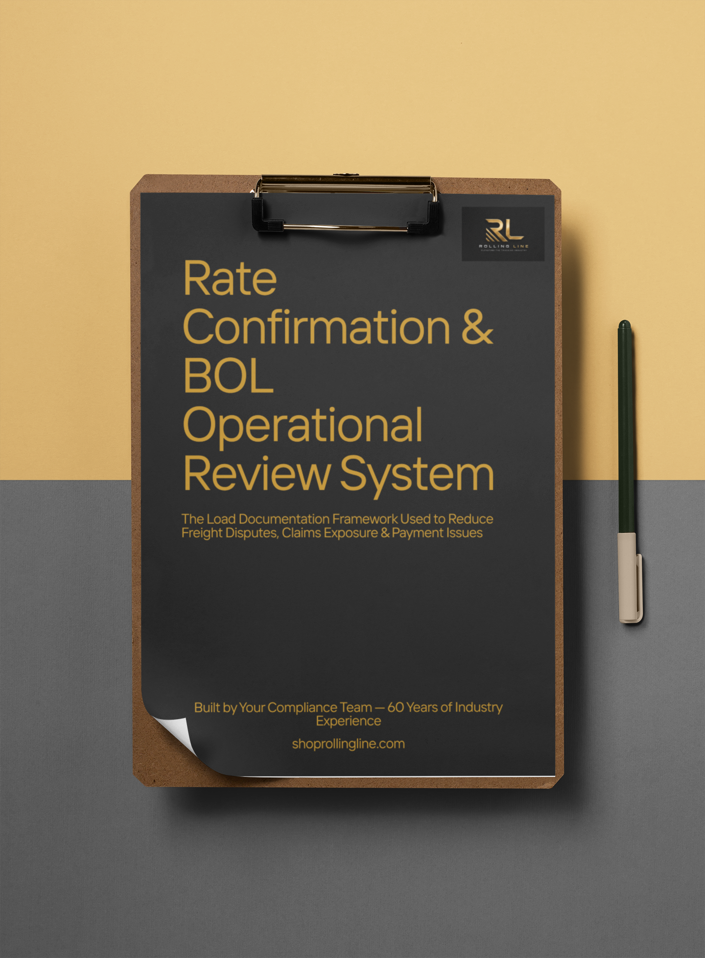 Clipboard with 'Rate Confirmation & BOL Operational Review System' text on a gradient background