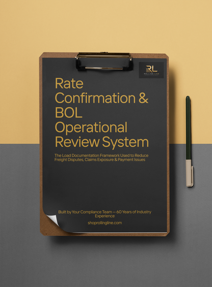 Clipboard with 'Rate Confirmation & BOL Operational Review System' text on a gradient background