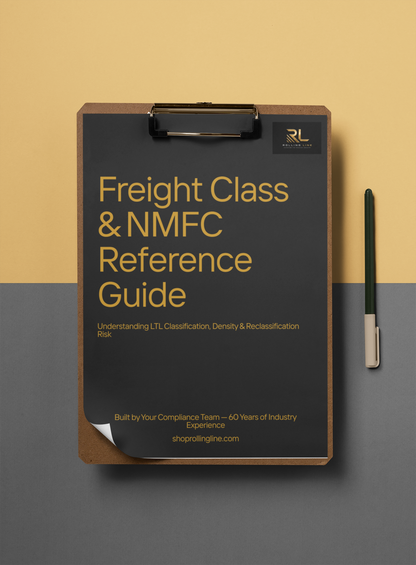 Freight Class & NMFC Reference Guide on a clipboard with a pen on a two-tone background