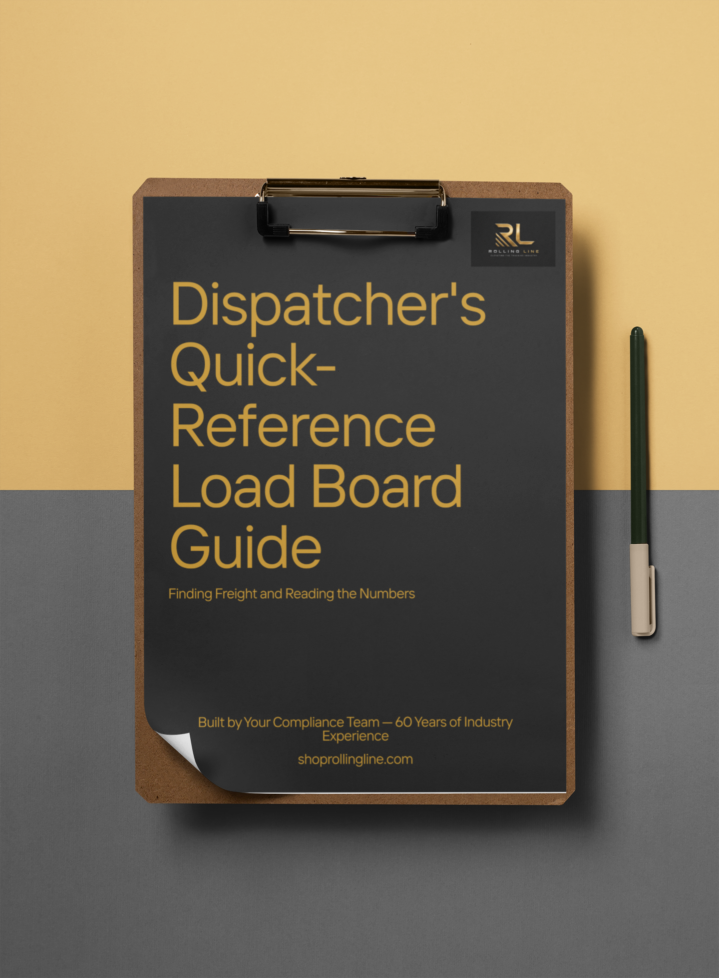 Dispatcher's Quick-Reference Load Board Guide on a clipboard with a pen on a two-tone background