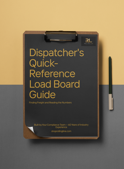 Dispatcher's Quick-Reference Load Board Guide on a clipboard with a pen on a two-tone background
