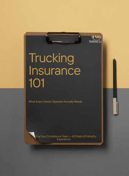 Clipboard with 'Trucking Insurance 101' on a two-tone background