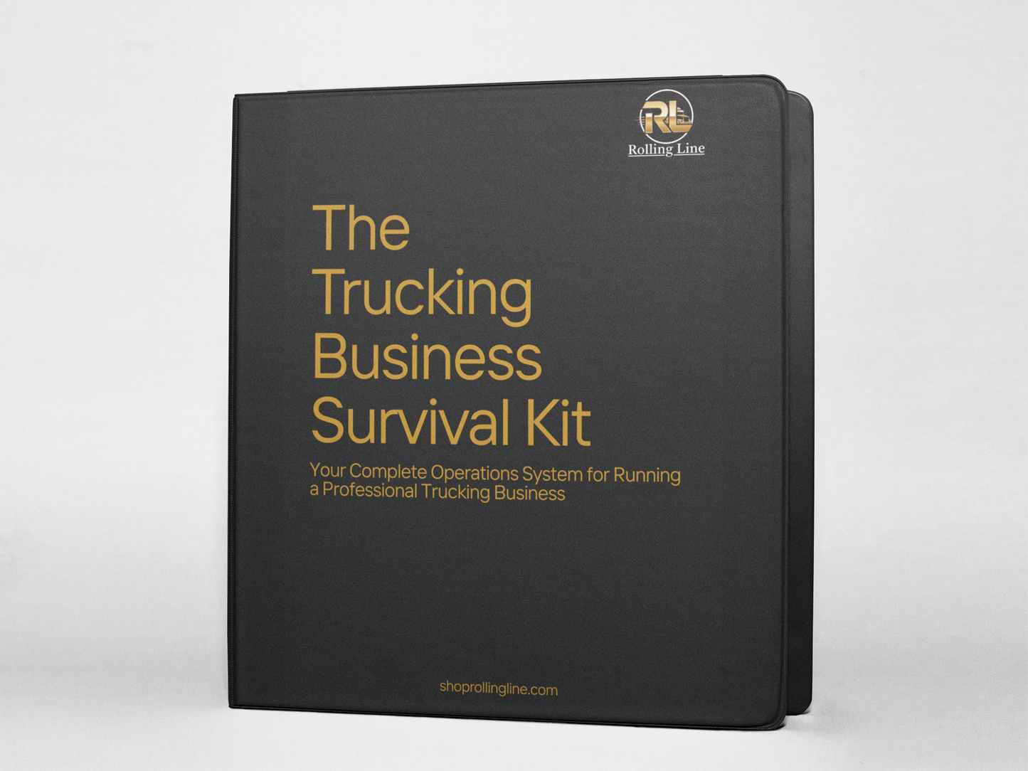 Black binder titled 'The Trucking Business Survival Kit' with gold text on a white background