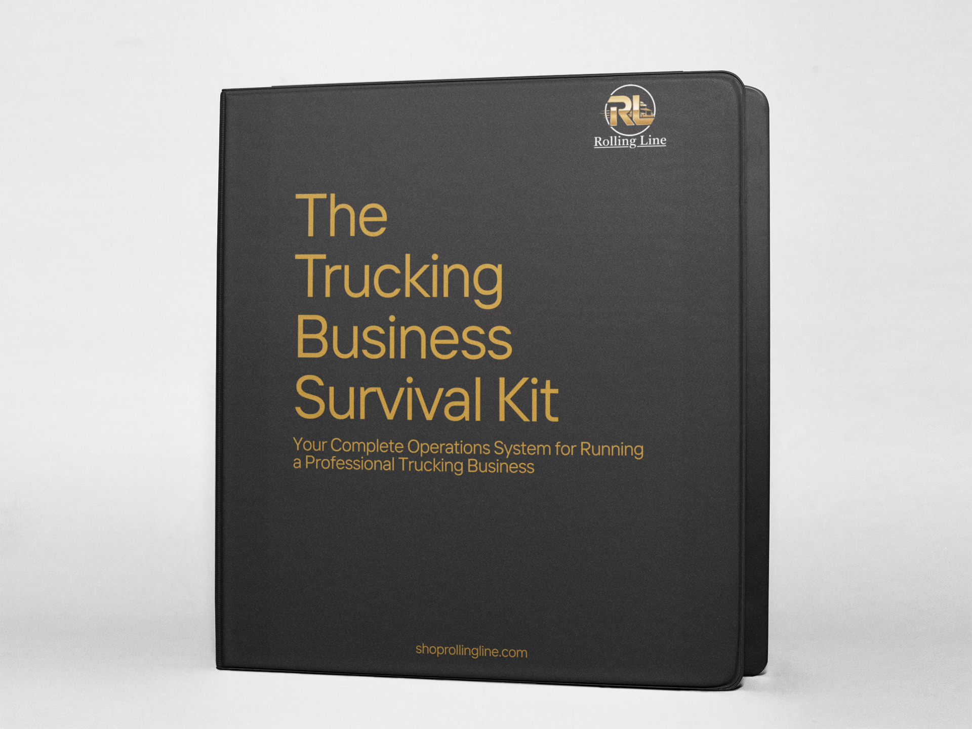 Black binder titled 'The Trucking Business Survival Kit' with gold text on a white background