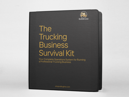 Black binder titled 'The Trucking Business Survival Kit' with gold text on a white background