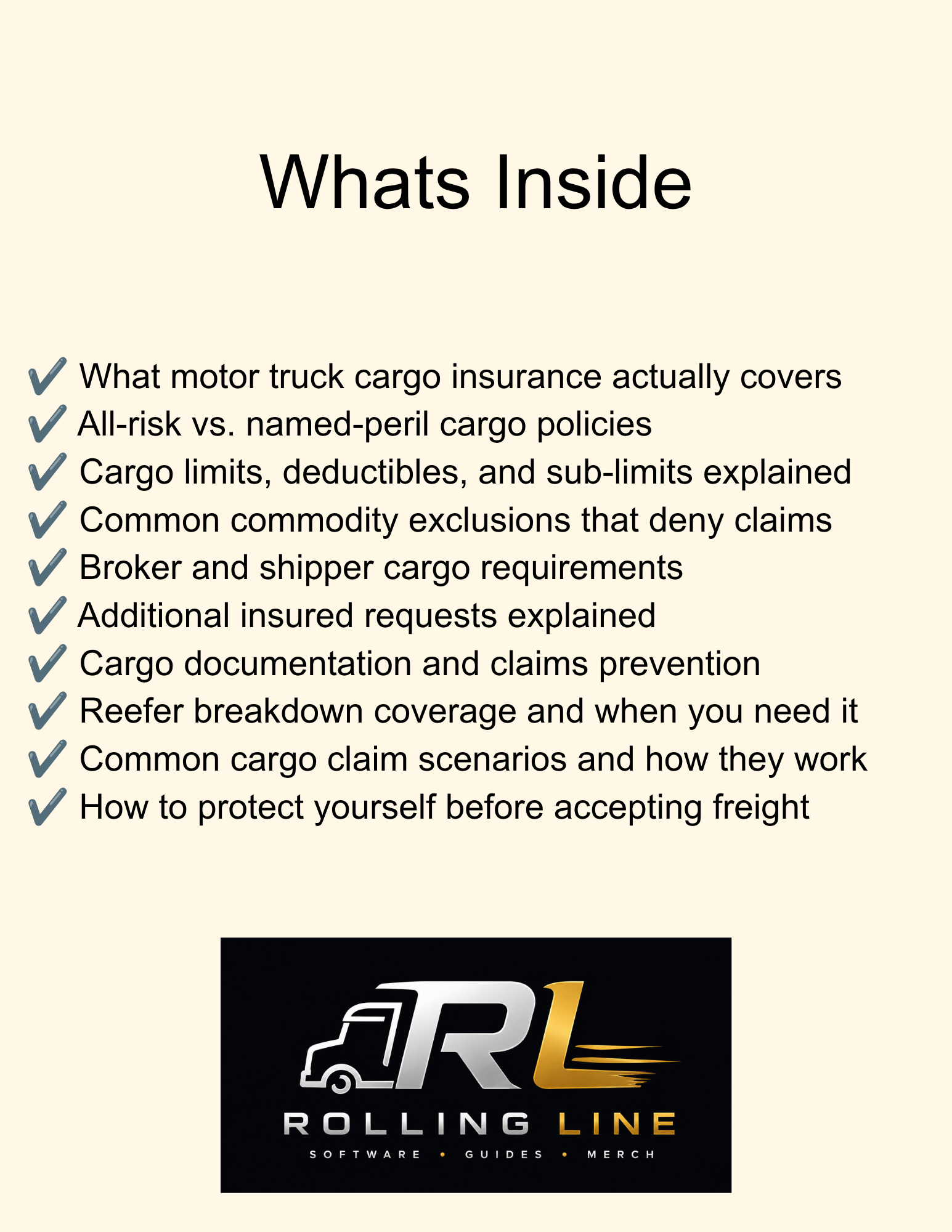 List of topics covered in motor truck cargo insurance with Rolling Line logo.
