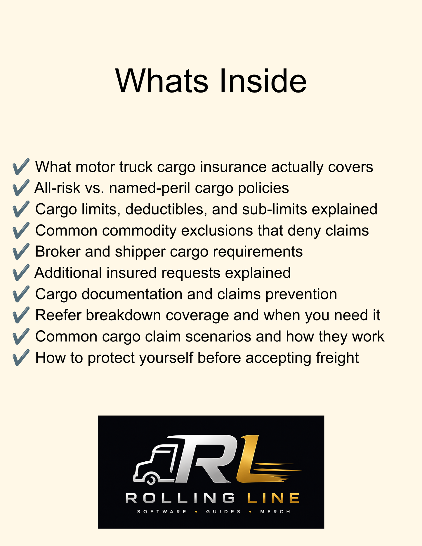 List of topics covered in motor truck cargo insurance with Rolling Line logo.
