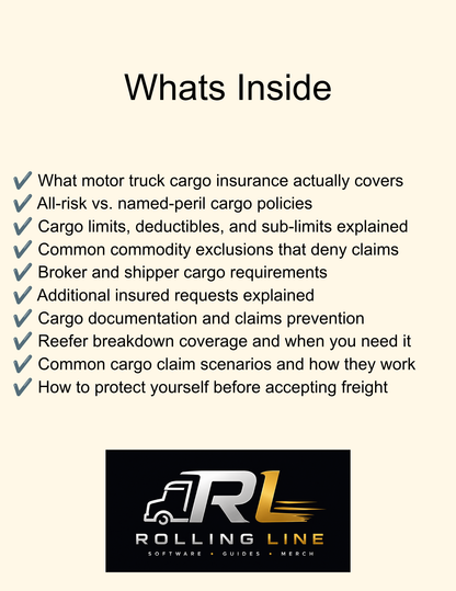 List of topics covered in motor truck cargo insurance with Rolling Line logo.