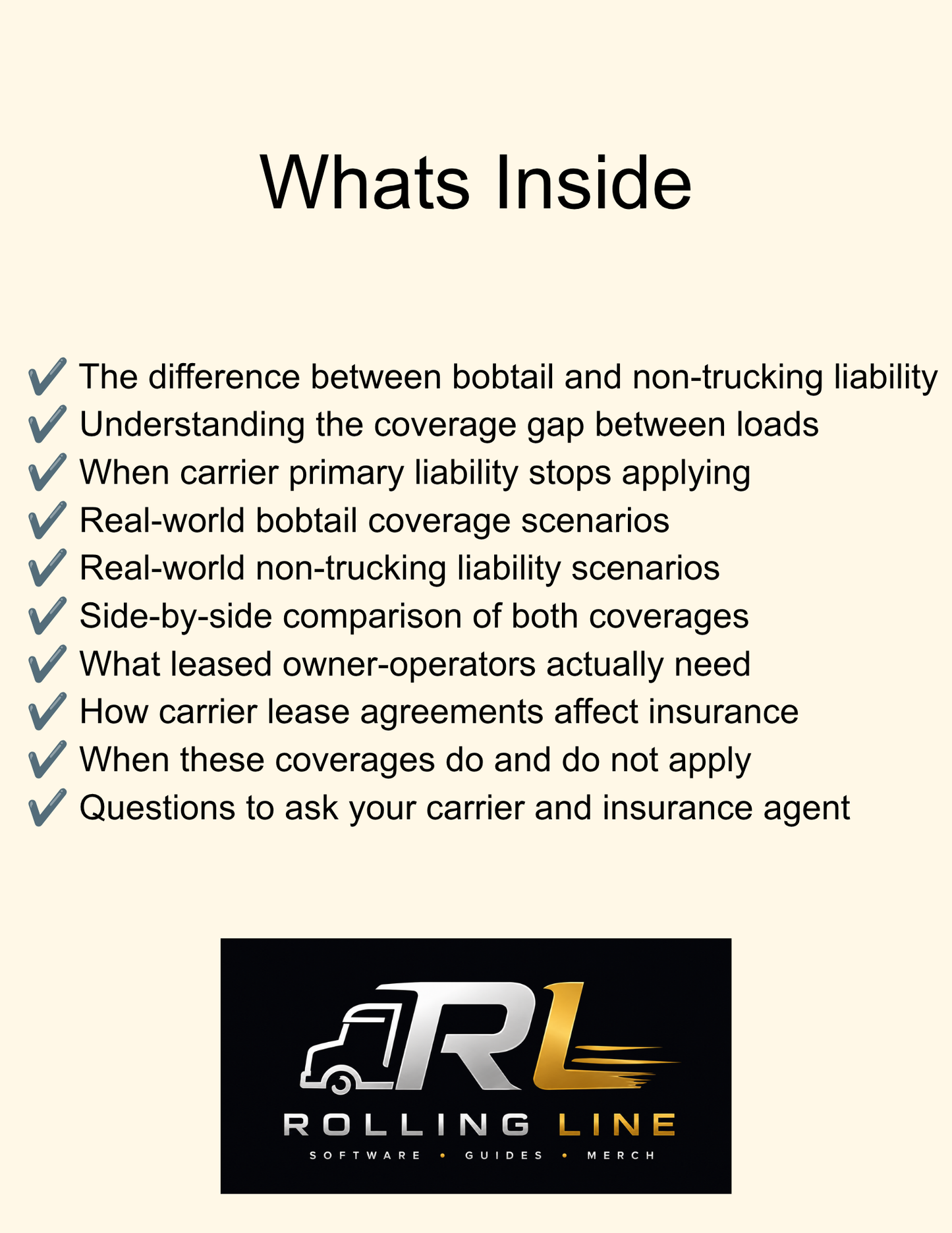 List of topics related to bobtail and non-trucking liability insurance with Rolling Line Software logo.