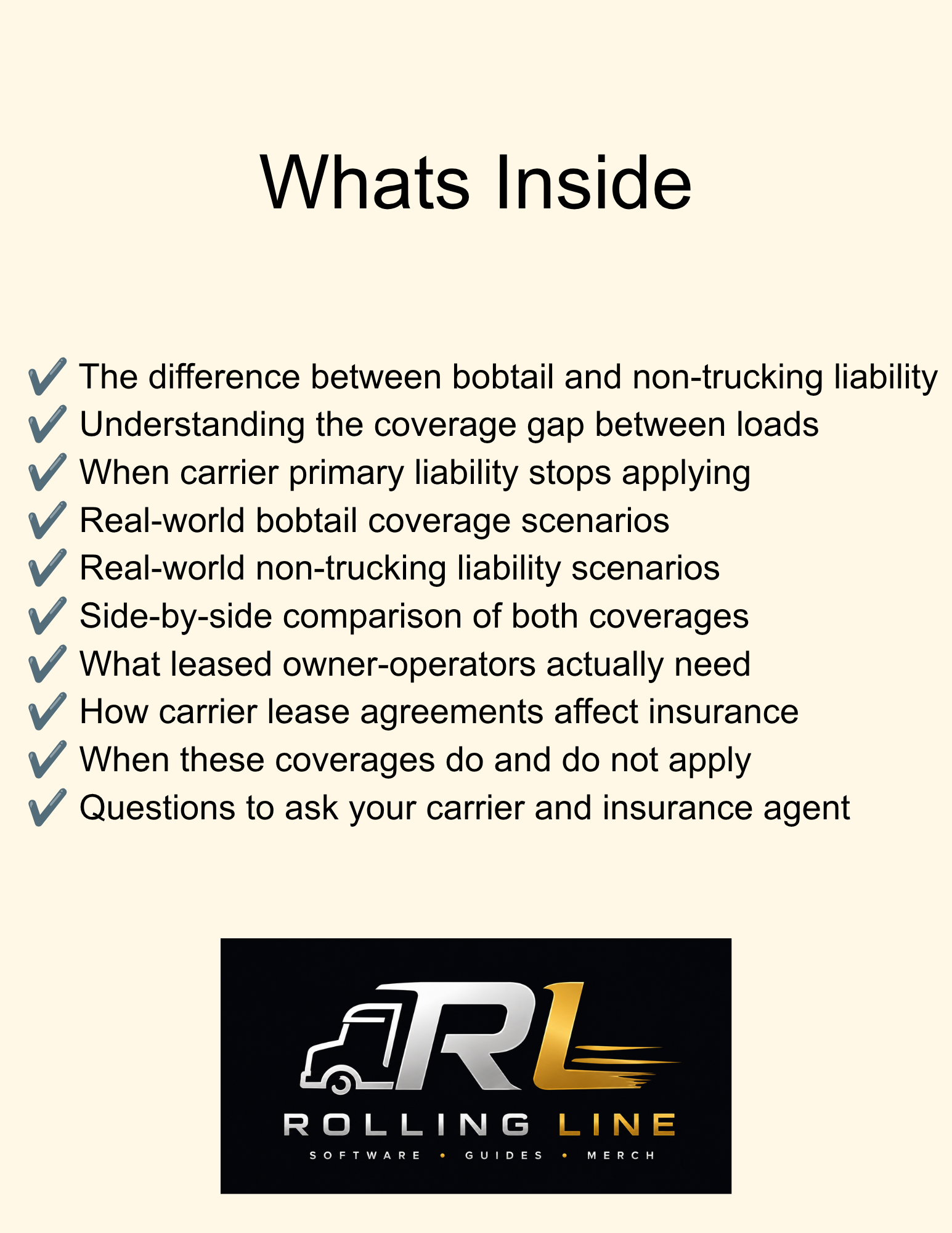 List of topics related to bobtail and non-trucking liability insurance with Rolling Line Software logo.