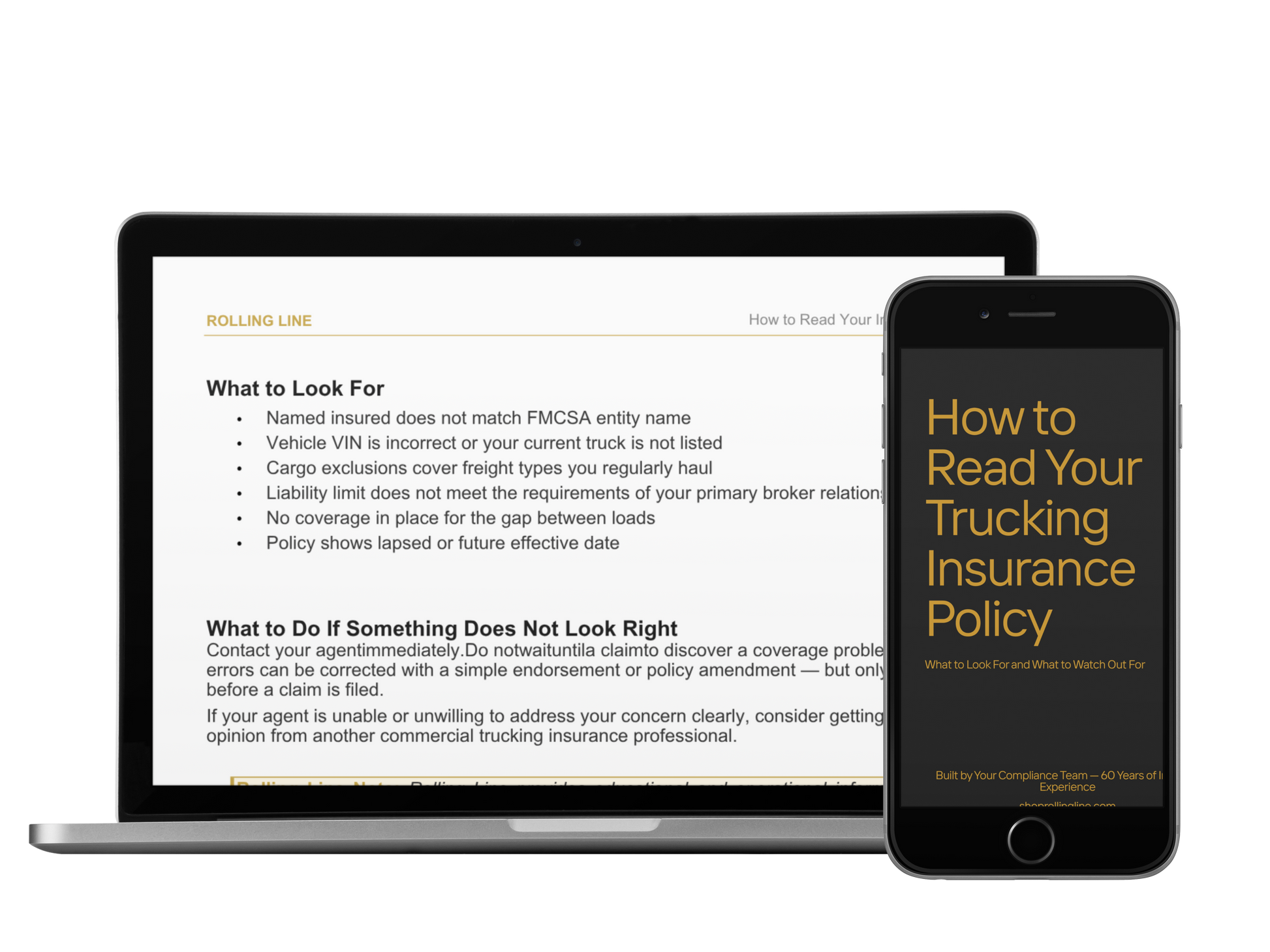 Laptop and smartphone displaying a document on trucking insurance policy reading.