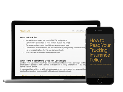 Laptop and smartphone displaying a document on trucking insurance policy reading.