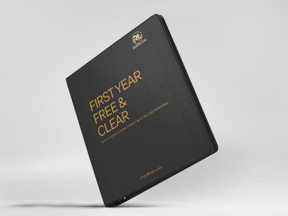 Black book with 'First Year & Clear' text on a white background